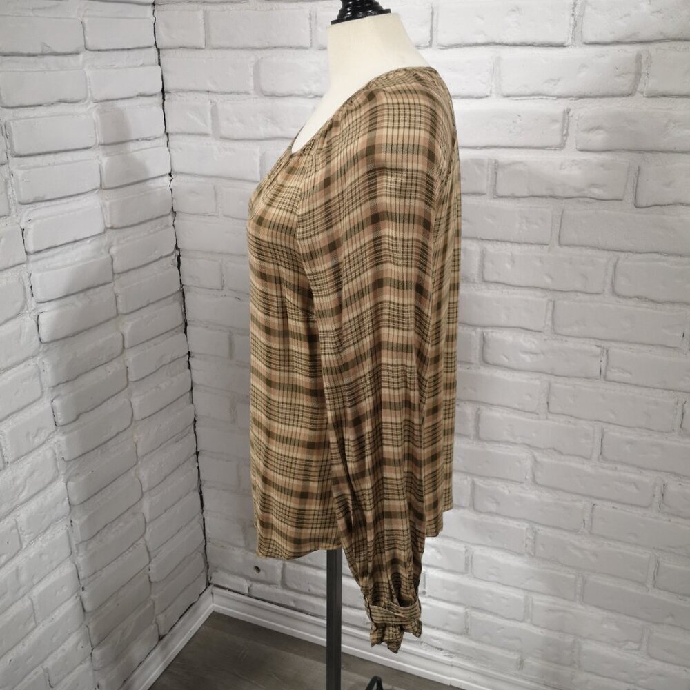 RW&CO Ladies Size Medium Tan Brown Grey & Beige Plaid Long Sleeves Blouse - Picture 4 of 10